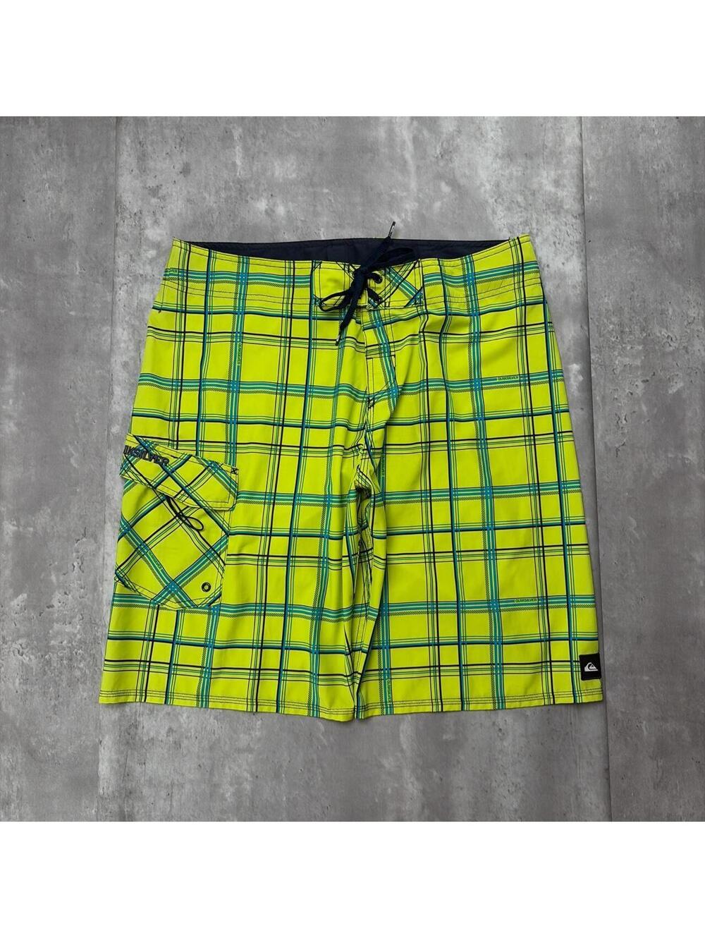 Y2K Yellow Quiksilver Surf Grunge Plaid Baggy Board Shorts